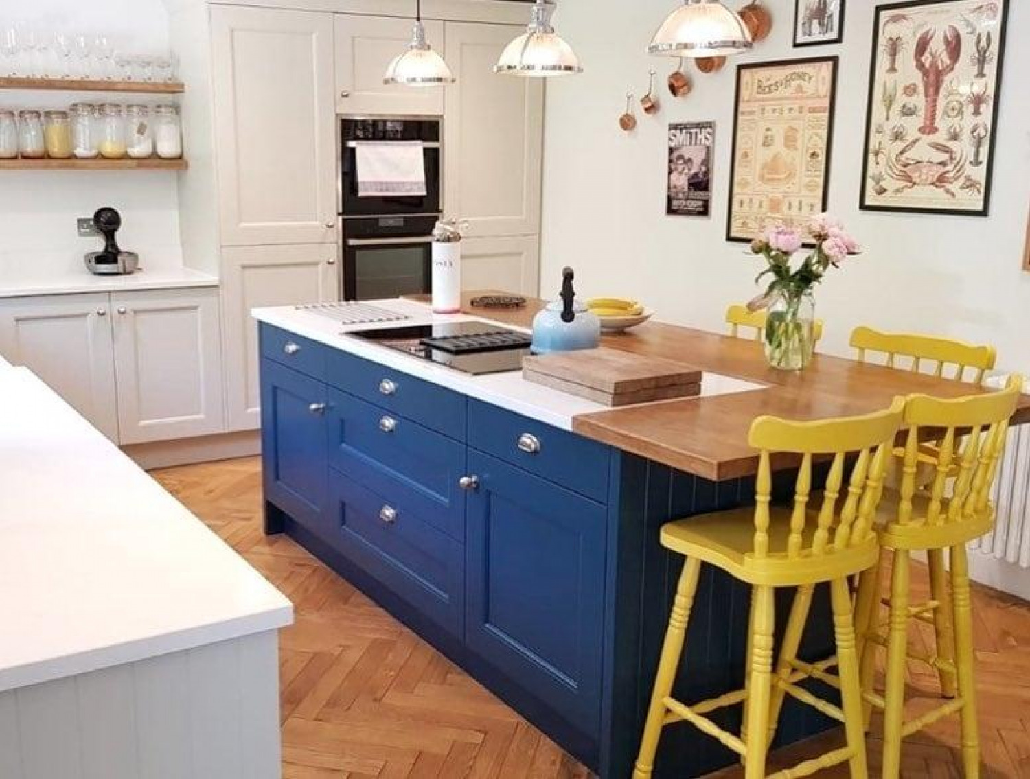 narrow kitchen with breakfast bar