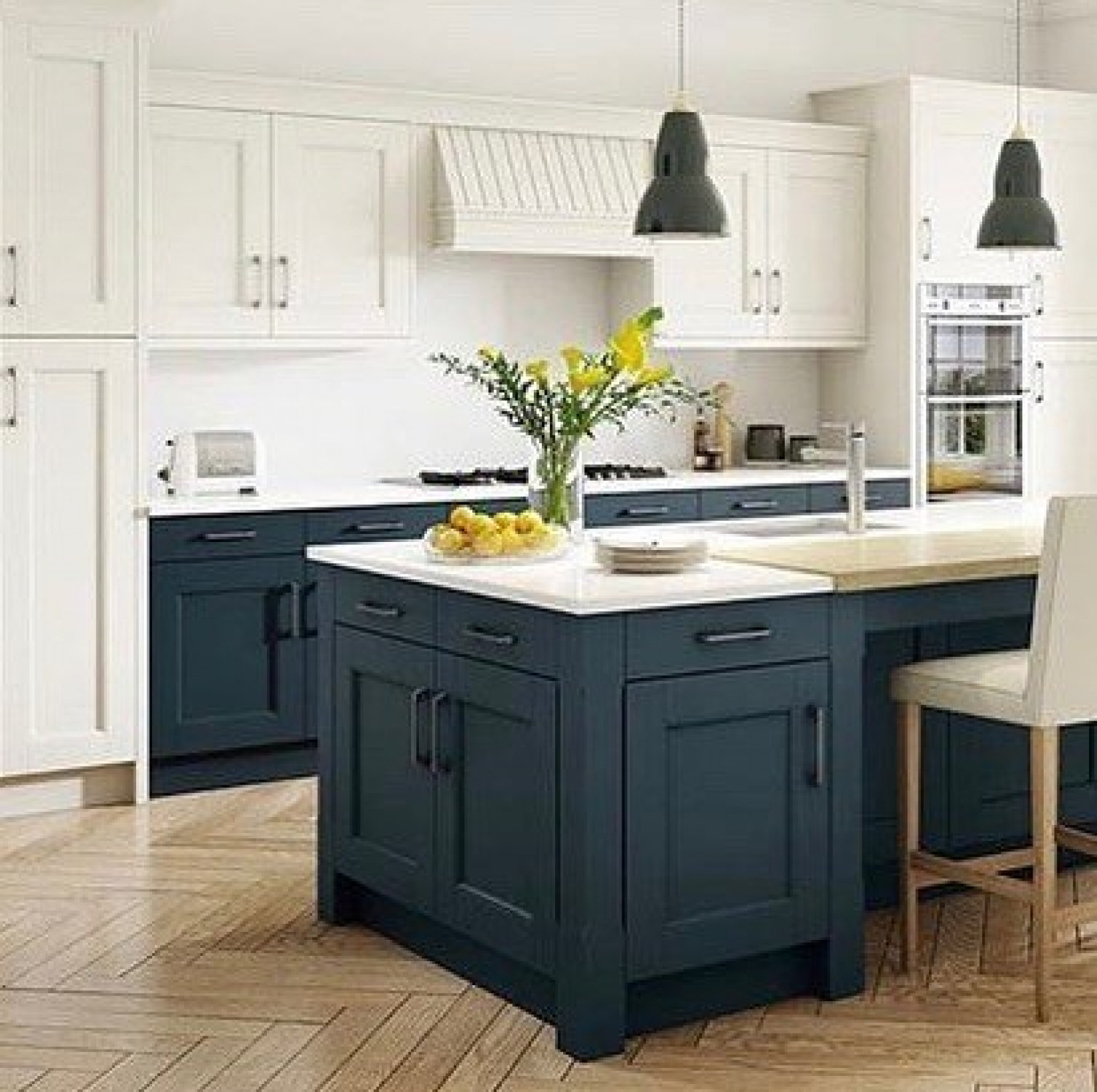 White Kitchen Cabinet Ideas Two Tone Cabinets With Blue Island